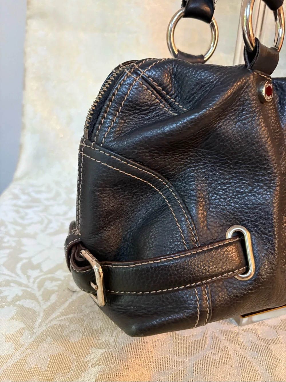 Tignanello Black Pebbled Leather Shoulder Bag with Silver Hardware